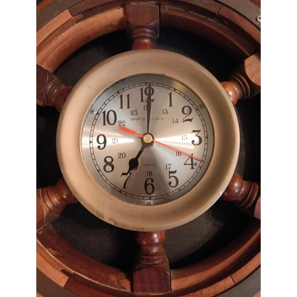 Vintage Nautical Wooden Ships Wheel Wall Clock Brass Quartz Maritime Decor